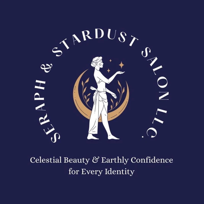 Seraph & Stardust Salon emblem, a celestial figure on a gold crescent moon