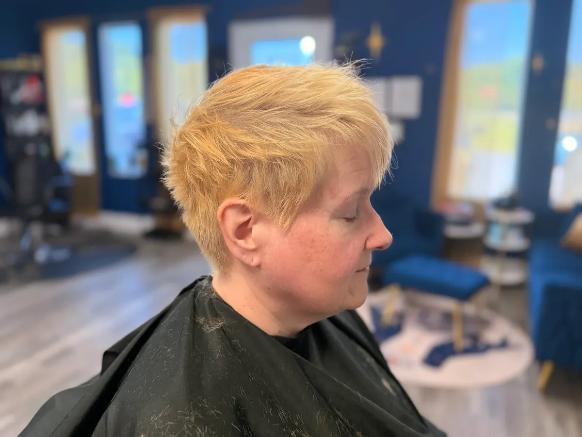 Golden-blonde tousled pixie cut, by Asher